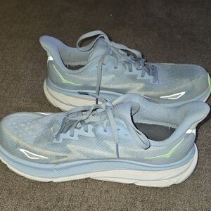 Hoka Clifton 9 Sky Blue and Lime Athletic Shoes